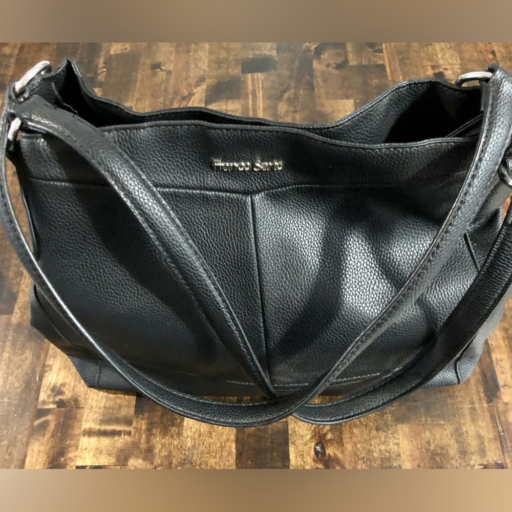 Franco Sarto Faux Leather Black Purse Triple Compartment 2 Strap Shoulder